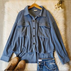 La Miel Blue Button-Front Hi Low Fleece Shacket
